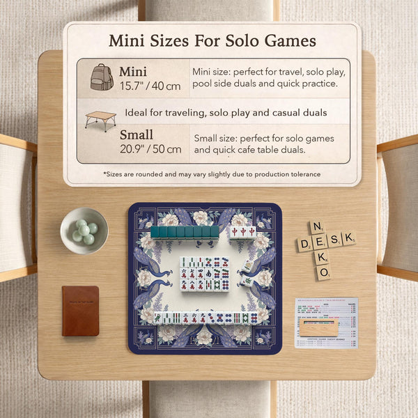Blue mahjong table mat with a peacock and floral border, ivory center, lavender flowers, and scalloped edges.