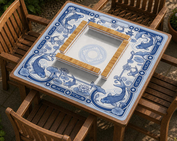 Blue and white square mahjong mat with a koi fish and lotus border design and a plain center area.