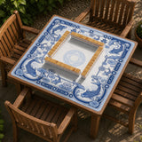 Blue and white square mahjong mat with a koi fish and lotus border design and a plain center area.