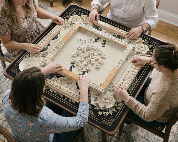Cream mahjong table mat with a chinoiserie floral border, dark peacocks, soft gold linework, and an open center area.