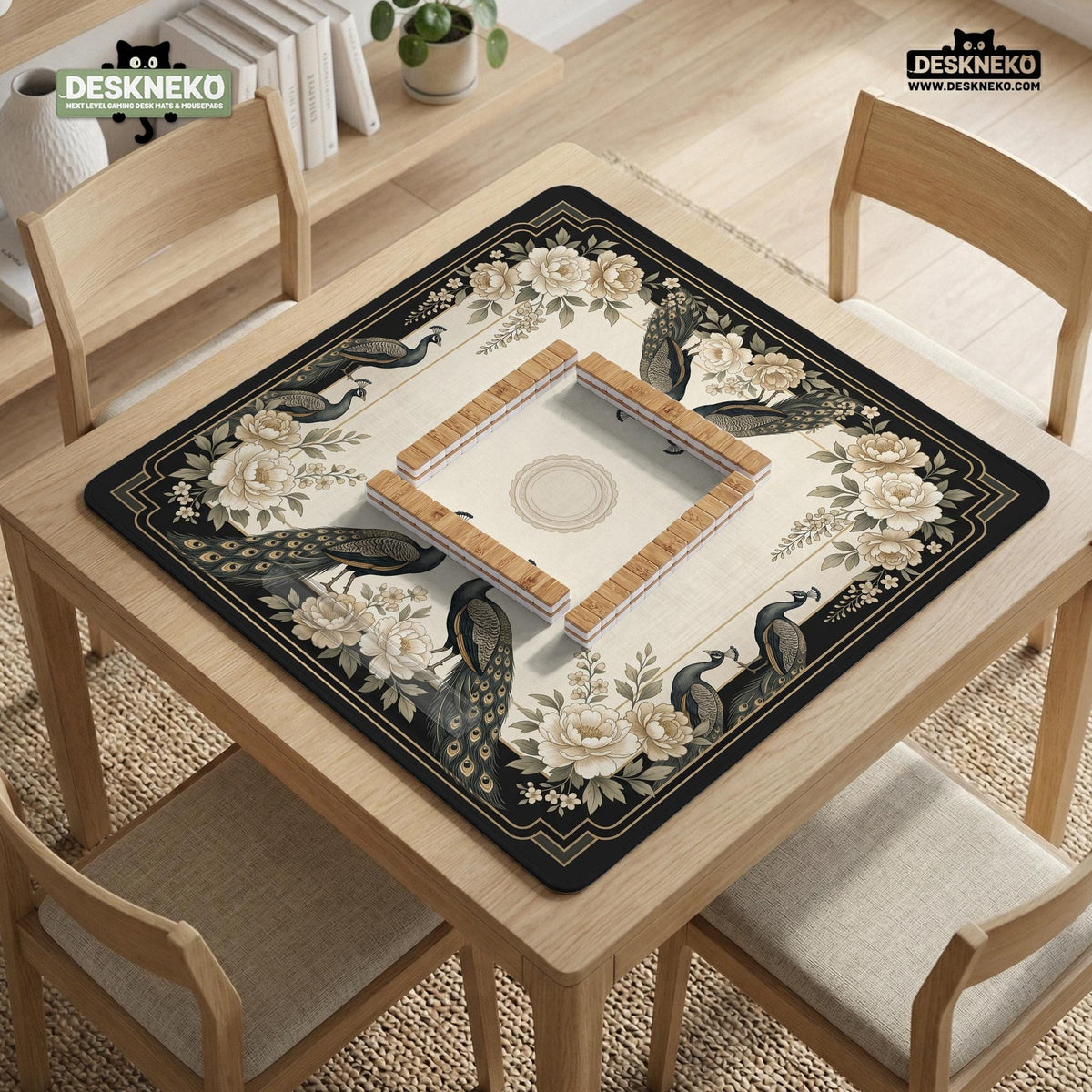 Cream mahjong table mat with a chinoiserie floral border, dark peacocks, soft gold linework, and an open center area.