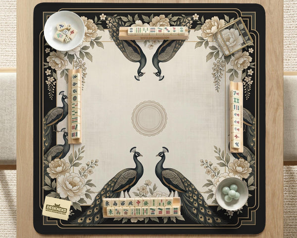 Cream mahjong table mat with a chinoiserie floral border, dark peacocks, soft gold linework, and an open center area.
