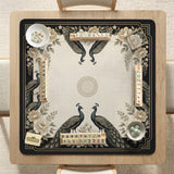 Cream mahjong table mat with a chinoiserie floral border, dark peacocks, soft gold linework, and an open center area.
