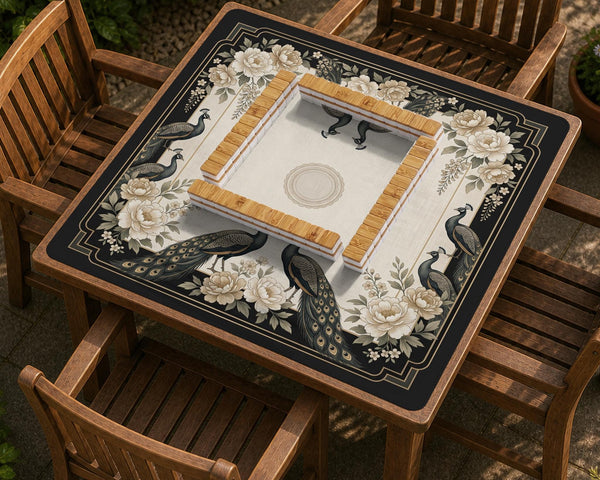 Cream mahjong table mat with a chinoiserie floral border, dark peacocks, soft gold linework, and an open center area.