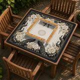 Cream mahjong table mat with a chinoiserie floral border, dark peacocks, soft gold linework, and an open center area.