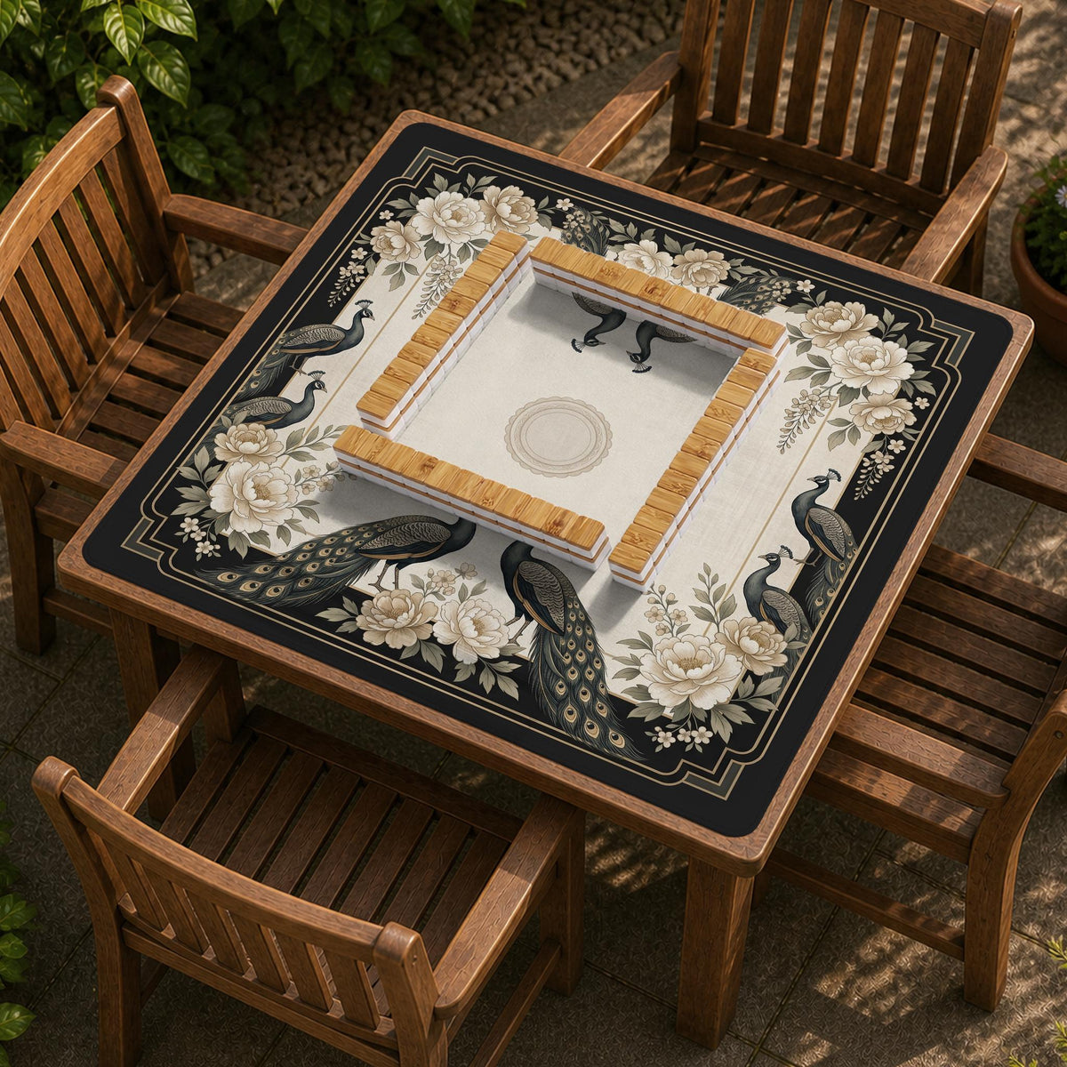 Square ivory mahjong mat with a black peacock border, cream flowers, and gold accent details.