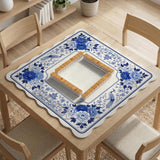 Square blue and white mahjong mat with peonies, cranes, pagoda accents, and chinoiserie linework around a plain center.