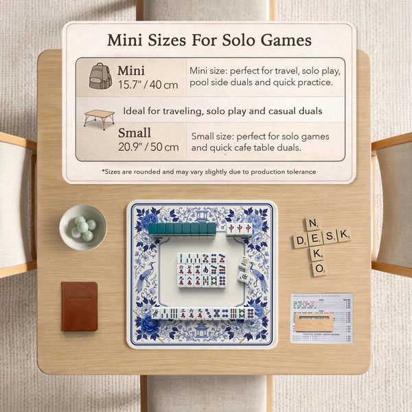 Square blue and white mahjong mat with peonies, cranes, pagoda accents, and chinoiserie linework around a plain center.