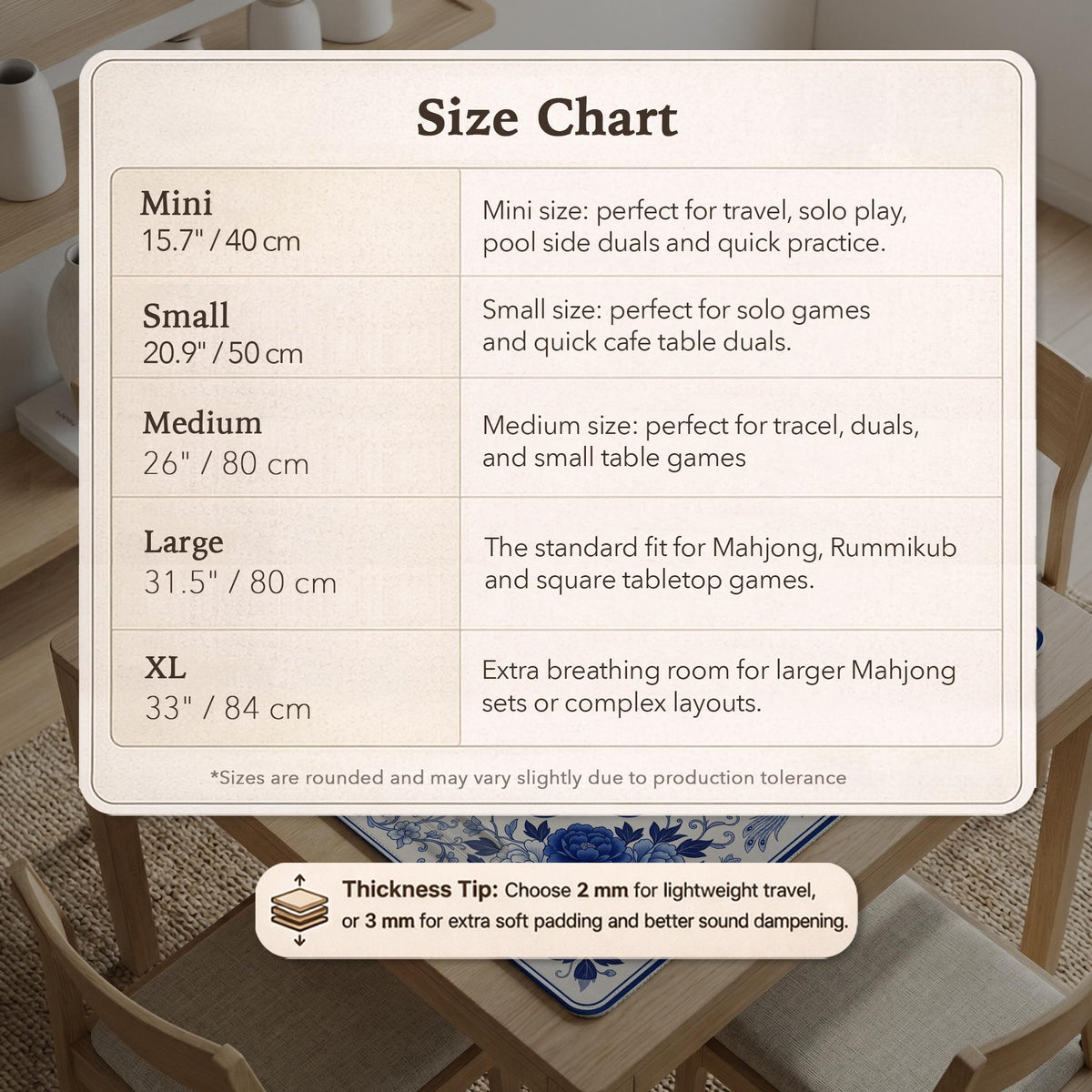 Square blue and white mahjong mat with peonies, cranes, pagoda accents, and chinoiserie linework around a plain center.