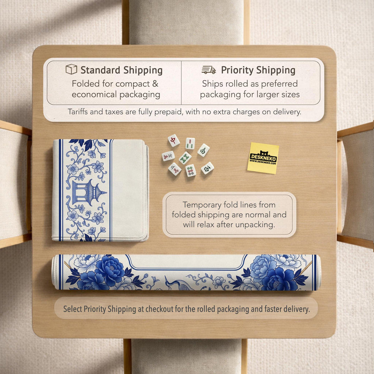 Square blue and white mahjong mat with peonies, cranes, pagoda accents, and chinoiserie linework around a plain center.