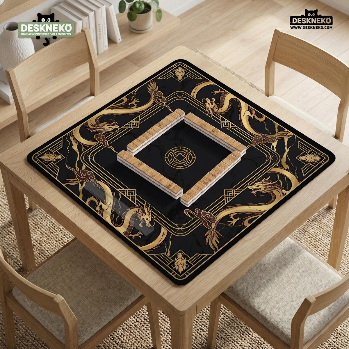 Black mahjong table mat with a gold dragon border, gold geometric corner details, and a clear center play area.