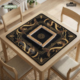 Square black mahjong mat with gold dragon artwork around the border and a light marble texture in the center.
