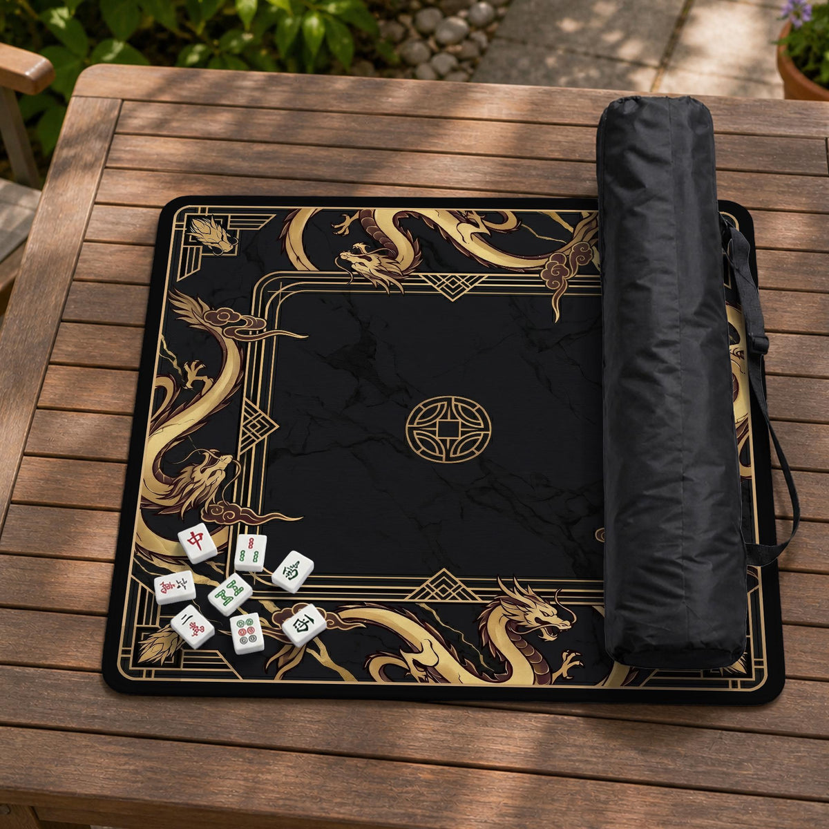 Black mahjong table mat with a gold dragon border, gold geometric corner details, and a clear center play area.