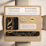 Black mahjong table mat with a gold dragon border, gold geometric corner details, and a clear center play area.