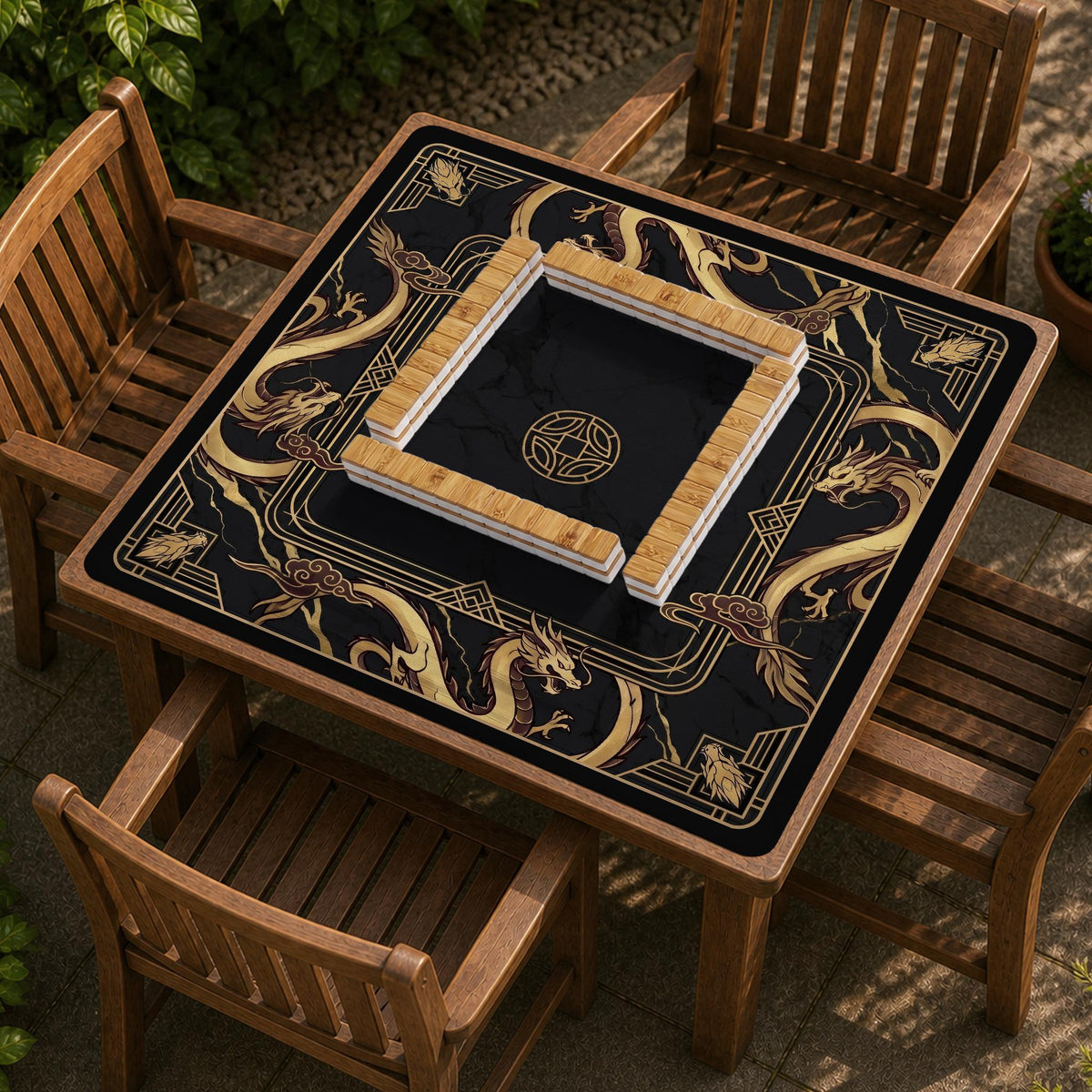 Black mahjong table mat with a gold dragon border, gold geometric corner details, and a clear center play area.
