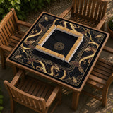 Square black mahjong mat with gold dragon artwork around the border and a light marble texture in the center.