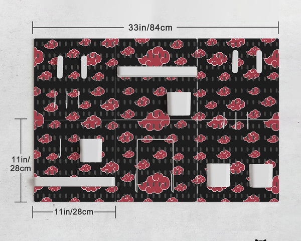 Black pegboard panels with red cloud pattern, shown with hooks, shelves, containers, clips, and a letter holder.