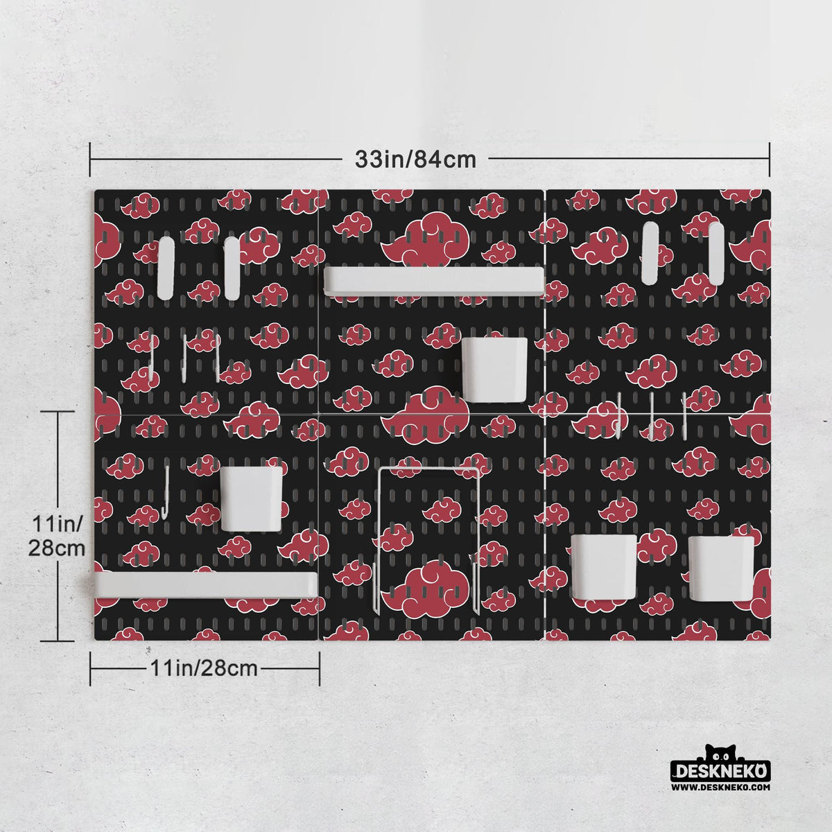 Black pegboard panels with red cloud pattern, shown with hooks, shelves, containers, clips, and a letter holder.