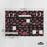 Black pegboard panels with red cloud pattern, shown with hooks, shelves, containers, clips, and a letter holder.
