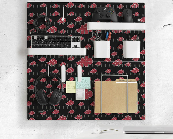 Black pegboard panels with red cloud pattern, shown with hooks, shelves, containers, clips, and a letter holder.