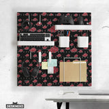 Black pegboard panels with red cloud pattern, shown with hooks, shelves, containers, clips, and a letter holder.