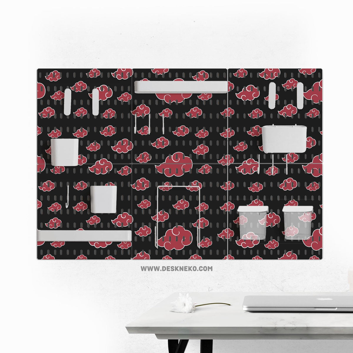 Black pegboard panels with red cloud pattern, shown with hooks, shelves, containers, clips, and a letter holder.