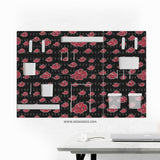 Black pegboard panels with red cloud pattern, shown with hooks, shelves, containers, clips, and a letter holder.
