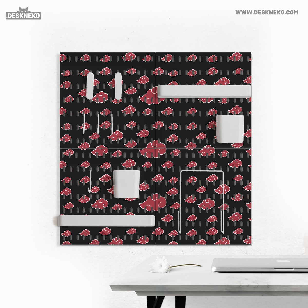 Black pegboard panels with red cloud pattern, shown with hooks, shelves, containers, clips, and a letter holder.