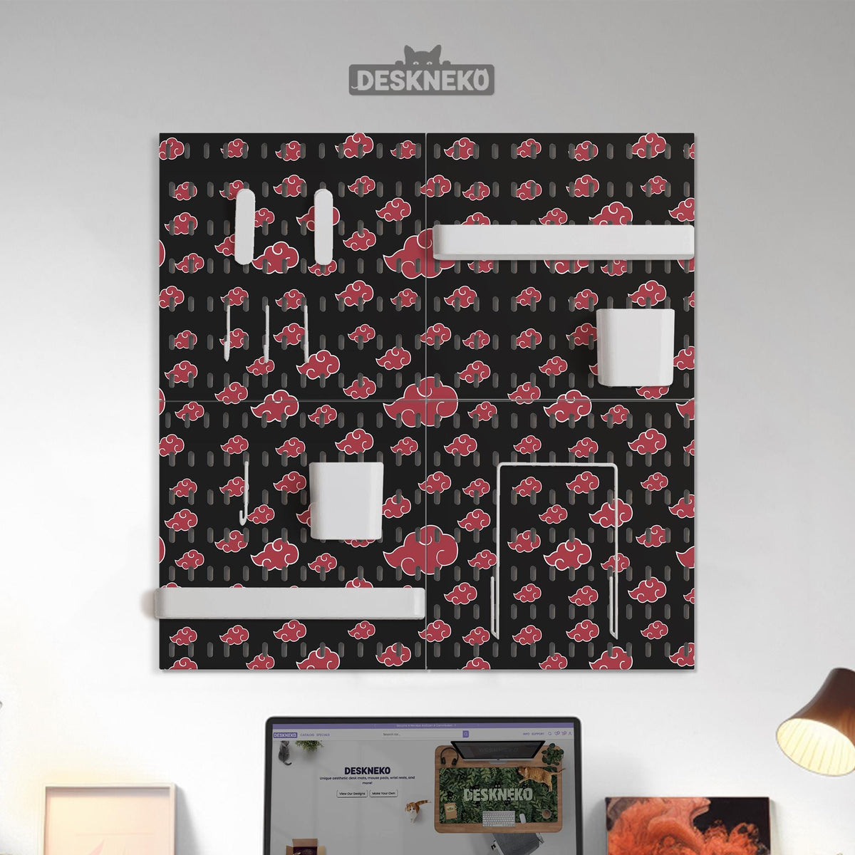 Black pegboard panels with red cloud pattern, shown with hooks, shelves, containers, clips, and a letter holder.