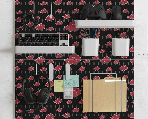 Black pegboard panels with red cloud pattern, shown with hooks, shelves, containers, clips, and a letter holder.
