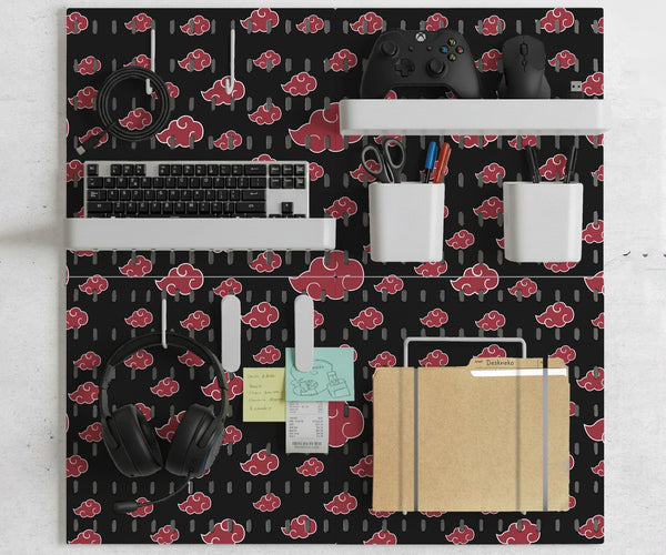 Black pegboard panels with red cloud pattern, shown with hooks, shelves, containers, clips, and a letter holder.
