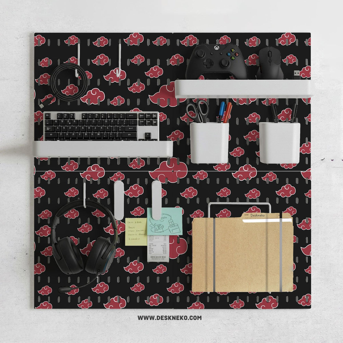 Black pegboard panels with red cloud pattern, shown with hooks, shelves, containers, clips, and a letter holder.