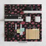 Black pegboard panels with red cloud pattern, shown with hooks, shelves, containers, clips, and a letter holder.
