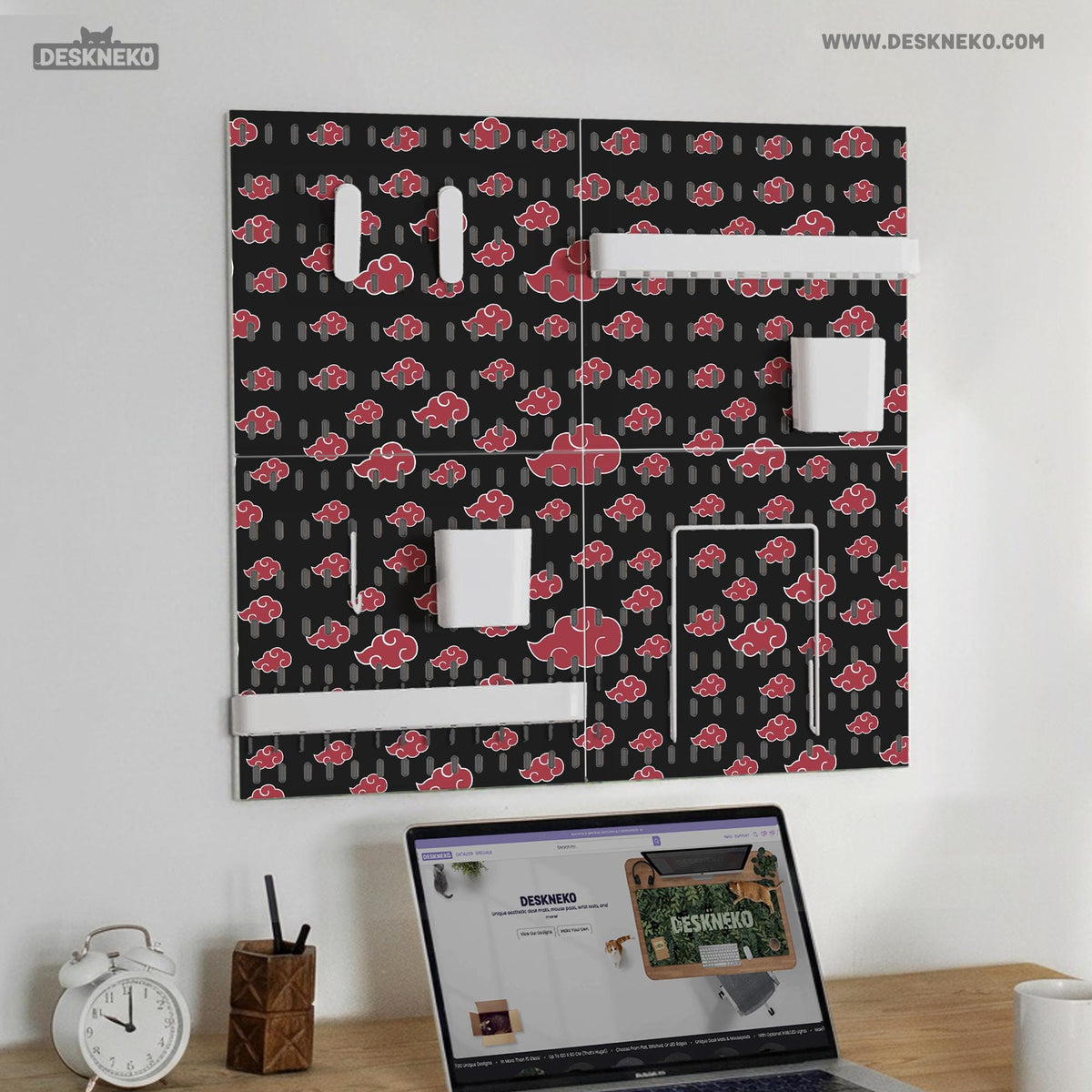 Black pegboard panels with red cloud pattern, shown with hooks, shelves, containers, clips, and a letter holder.