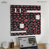 Black pegboard panels with red cloud pattern, shown with hooks, shelves, containers, clips, and a letter holder.