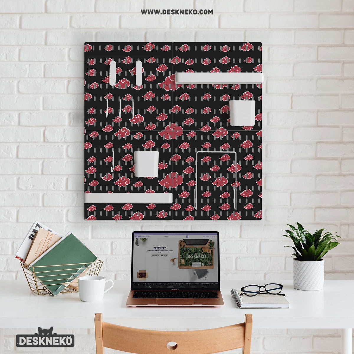 Black pegboard panels with red cloud pattern, shown with hooks, shelves, containers, clips, and a letter holder.