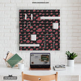 Black pegboard panels with red cloud pattern, shown with hooks, shelves, containers, clips, and a letter holder.