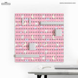 Pink pegboard panels with a kawaii bunny, cloud, moon, bow, and star pattern shown as a wall organizer set.
