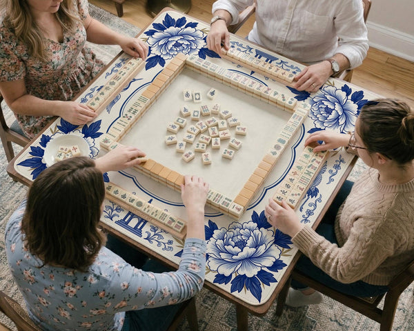 Blue and white mahjong mat with cranes, floral porcelain-style artwork, a cream center area, and a decorative border.