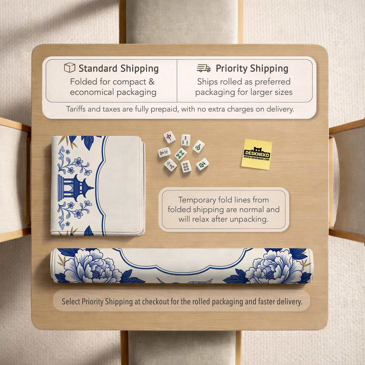 Blue and white mahjong mat with cranes, floral porcelain-style artwork, a cream center area, and a decorative border.