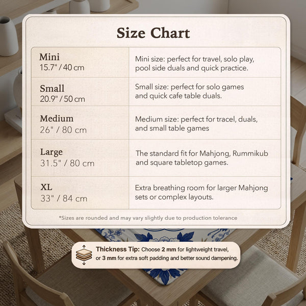 Blue and white mahjong mat with cranes, floral porcelain-style artwork, a cream center area, and a decorative border.