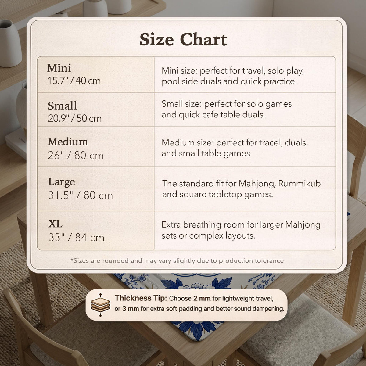 Blue and white mahjong mat with cranes, floral porcelain-style artwork, a cream center area, and a decorative border.