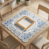 Square mahjong mat with a blue chinoiserie floral pattern on a light background.