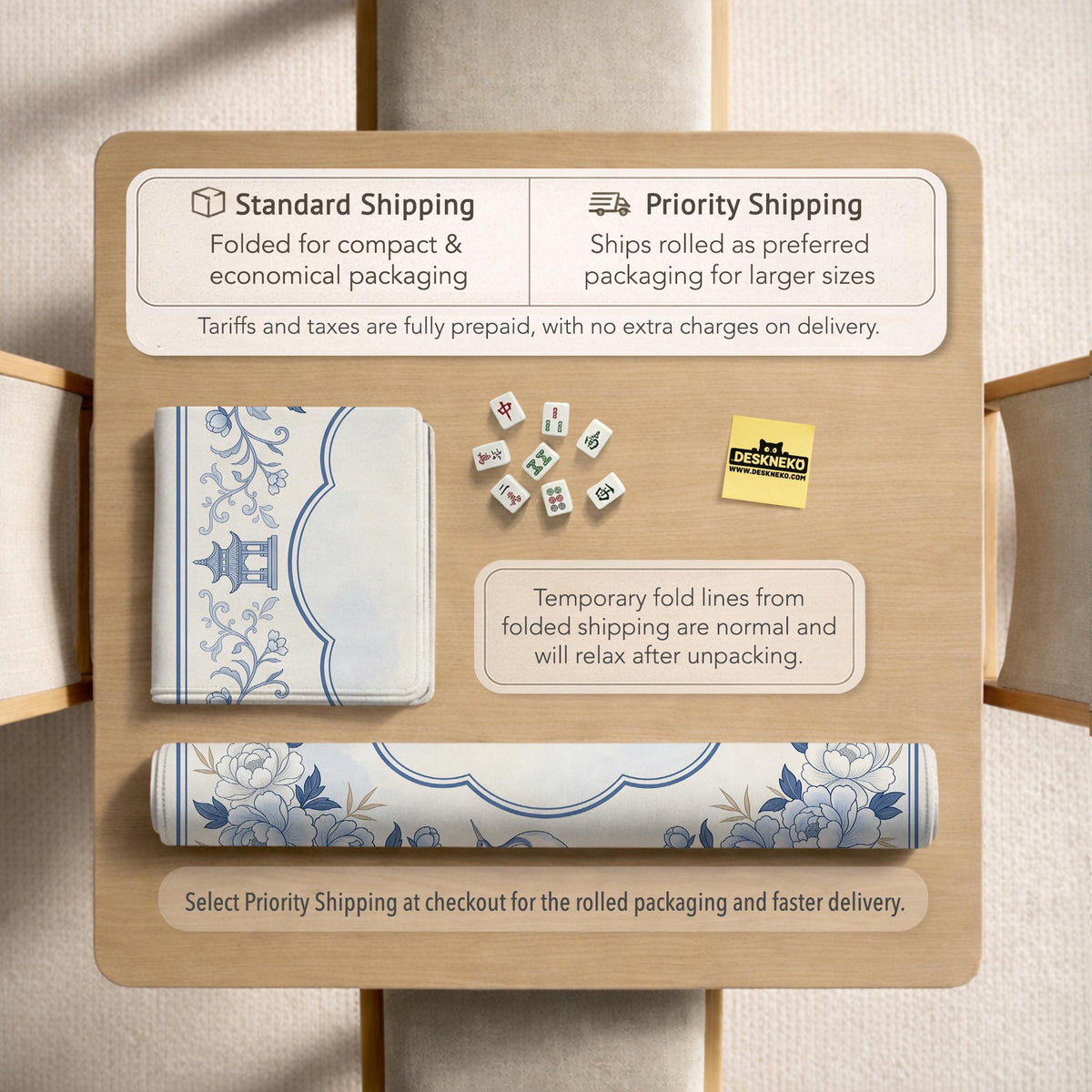 Square mahjong mat with a blue chinoiserie floral pattern on a light background.