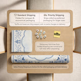 Square mahjong mat with a blue chinoiserie floral pattern on a light background.