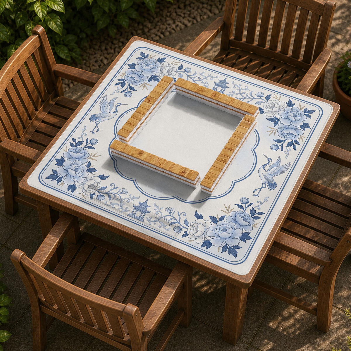 Square mahjong mat with a blue chinoiserie floral pattern on a light background.
