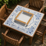 Square mahjong mat with a blue chinoiserie floral pattern on a light background.