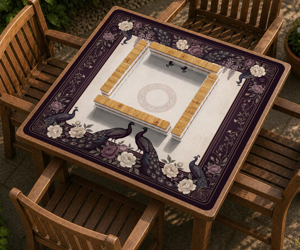 Square mahjong mat with a dark plum border, ivory floral pattern, muted sage leaves, and a decorative peacock garden design.