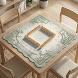 Square light green mahjong mat with bamboo stalks, soft ivory details, botanical shadows, mist lines, and a circular center design.