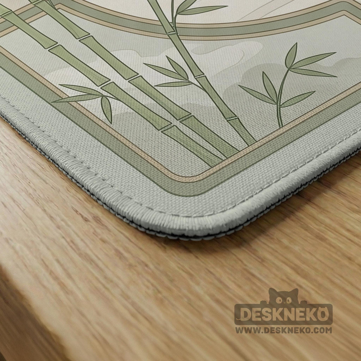 Square light green mahjong mat with bamboo stalks, soft ivory details, botanical shadows, mist lines, and a circular center design.
